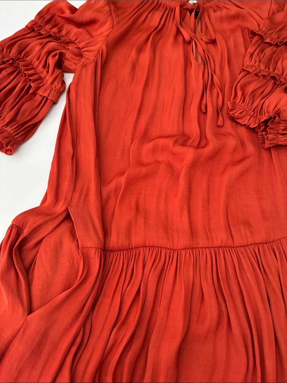 Rebecca Taylor Rust Red Midi Dress with Ruffled Sleeves, 2 pockets, Size S - Picture 3 of 6